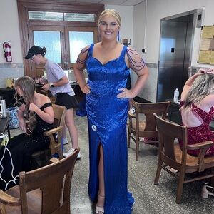 Stunning Blue full liquid beaded Gown with removable skirt.  Custom Yubin!